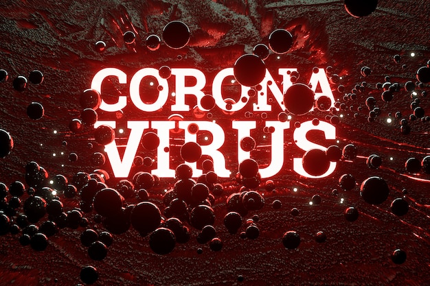 Inscription rouge vif CORONA VIRUS sur un mur sombre. Coronavirus chinois maladie COVID-19, pandémie, corontin, épidémie, isolement. Rendu 3D, visualisation 3D, illustration 3D.