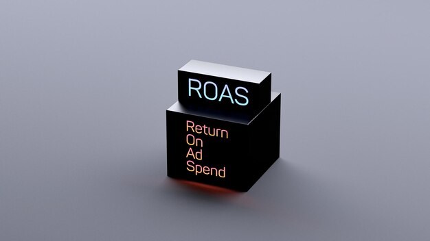 L'inscription de texte ROAS Return On Ad Spend brillant sur le cube est une bannière de concept ROAS en 3D.