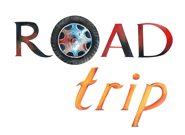 Inscription thématique aquarelle pour la voiture Road trip avec roue de voiture