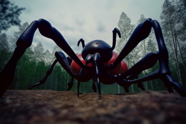 Un insecte aux yeux rouges se dresse sur un sol en terre battue.