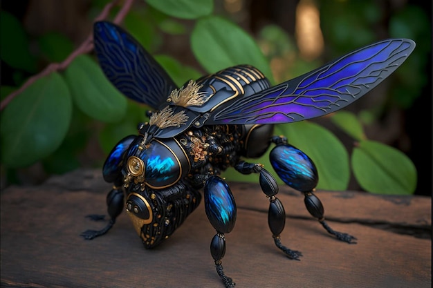 Un insecte bleu et or avec des ailes qui disent "luciole"