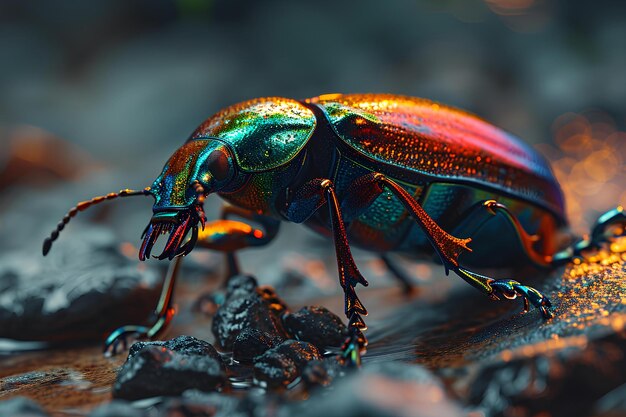 Un insecte coloré avec des parties réfléchissantes sur une surface noire