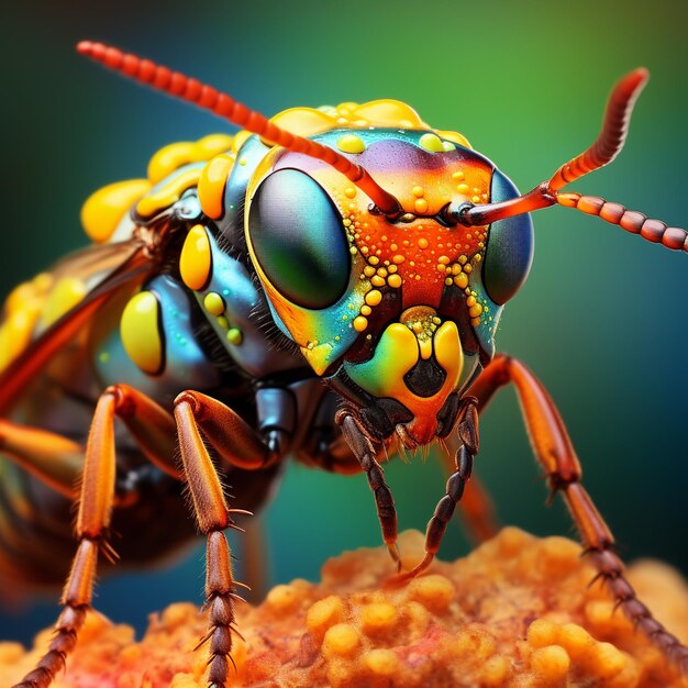 Photo un insecte coloré avec une tête jaune et des yeux bleus