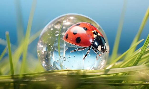 un insecte dame est assis sur le haut de l'herbe près d'une coquille dans le style de double exposition