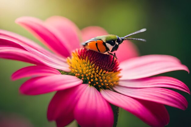 un insecte sur une fleur avec le soleil derrière