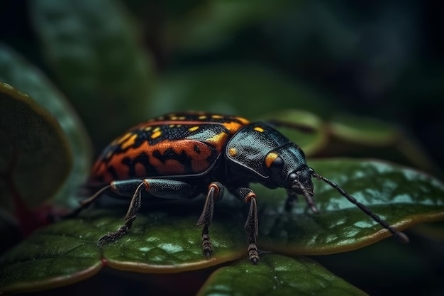 Un insecte avec des marques orange et noires se trouve sur une feuille.