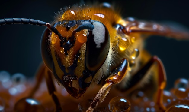 Insecte de miel regardant la caméra Partie avant de l'abeille moelleuse dans les gouttes de pluie en gros plan Fond noir AI générative