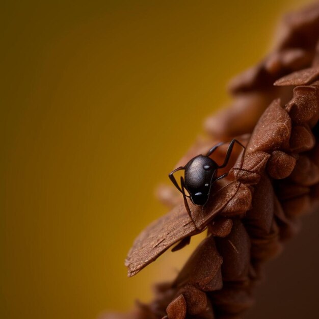 Un insecte noir est sur une branche avec un fond jaune.