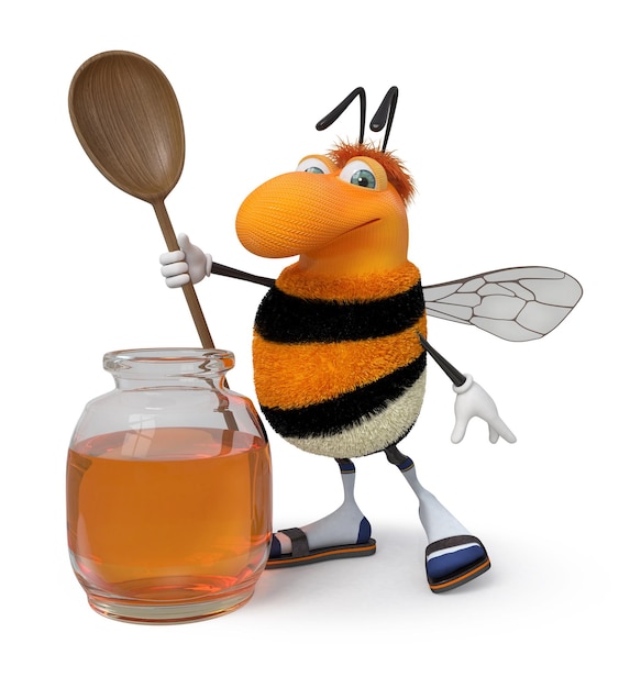 L'insecte rayé essaie de voler jusqu'à partir derrière le miel
