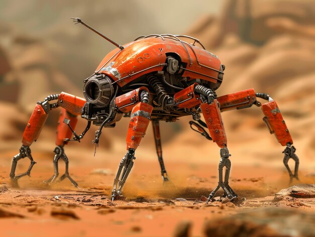 Insecte robotique orange futuriste sur un terrain désertique œuvre d'art conceptuelle de science-fiction avec un