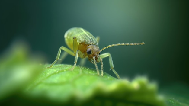 Un insecte vert est assis sur une feuille verte.