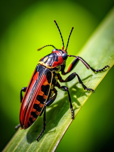 un insecte avec un visage rouge est sur une feuille verte