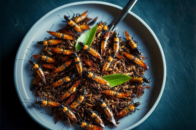 Insectes comestibles frits sur une assiette Les grillons comme collation bonne source de protéines Entomophagy insectivory concept Generative AI