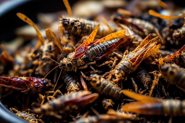 Insectes comestibles frits sur une assiette Grillons comme collation bonne source de protéines Entomophagy insectivory concept Vue rapprochée Generative AI