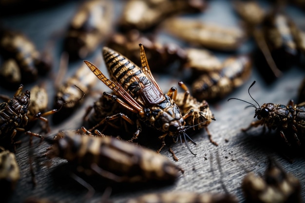 Insectes comestibles frits Grillons comme collation bonne source de protéines Entomophagy insectivory concept Vue rapprochée Generative AI