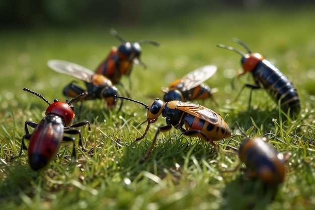 Les insectes de dessin animé s'amusent dans l'herbe