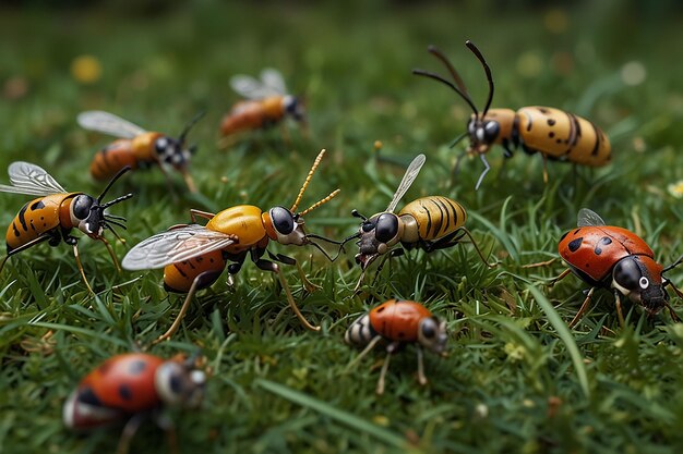 Les insectes des dessins animés s'amusent dans les prairies