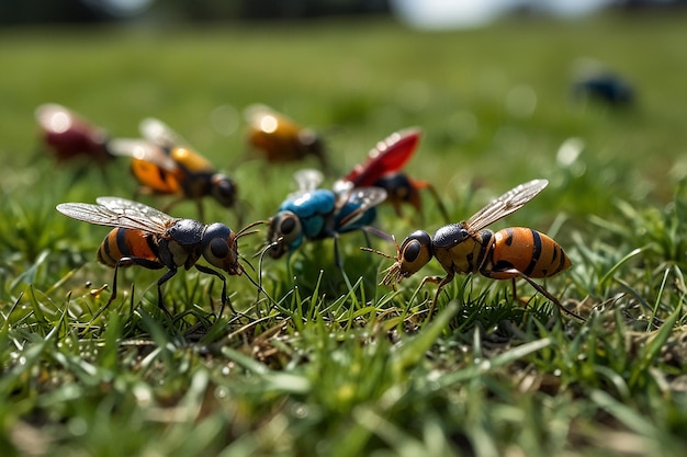 Les insectes des dessins animés s'amusent dans les prairies