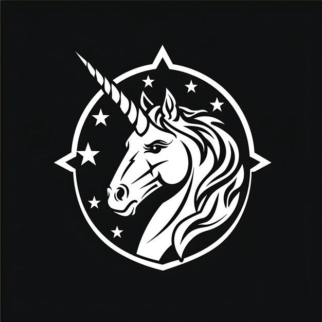 Insigne du clan de l'unicorne mystique avec la tête d'unicorn et des étoiles pour le dessin de tatouage du logo créatif