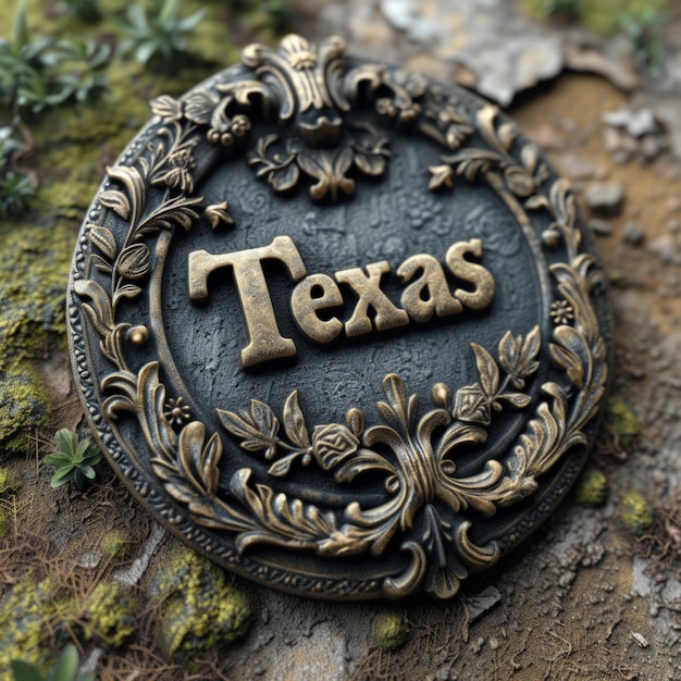 Insigne rond en bronze antique avec l'inscription Texas