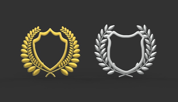 Insignes de bouclier en or et en argent avec des couronnes de laurier