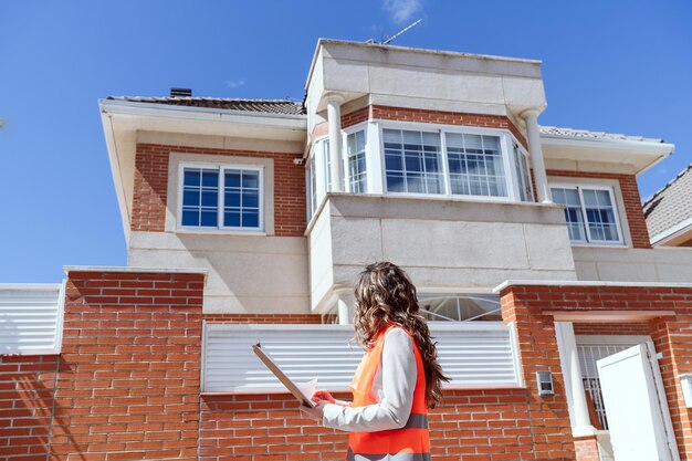 Photo inspecteur ou architecte femme professionnelle vérifiant la maison sur le chantier d'amélioration de la maison