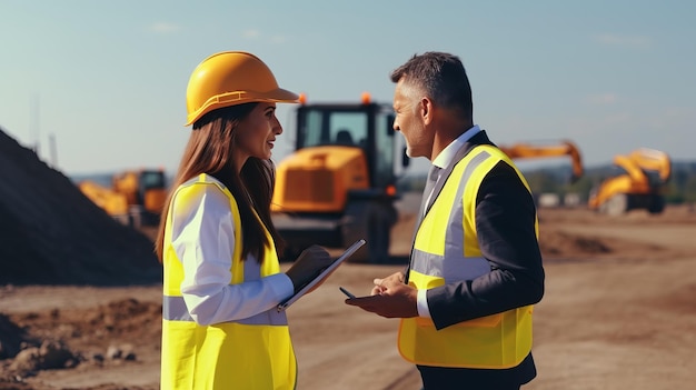 Inspecteur et directeur discutant des plans avec des excavatrices par une journée ensoleillée sur le site d'un projet immobilier