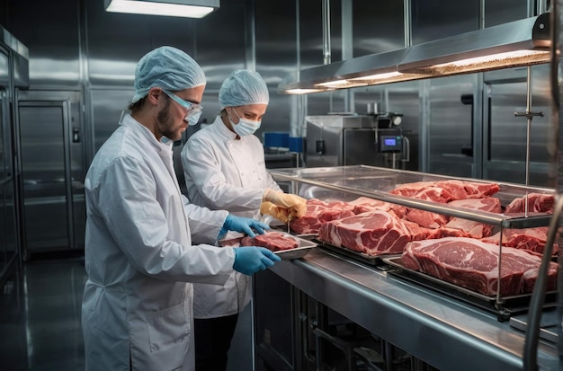 Photo inspecteur de la sécurité alimentaire dans un entrepôt frigorifique de viande