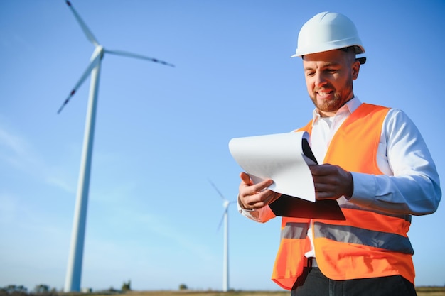 Inspection de l'ingénieur du moulin à vent et vérification de l'avancement de l'éolienne