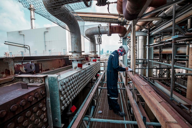 Photo inspection par un travailleur masculin des longs tuyaux en acier et du coude du tuyau dans le ventilateur d'aile de l'usine de pétrole de la station pendant la valve de la raffinerie de l'échangeur de chaleur de la pipeline