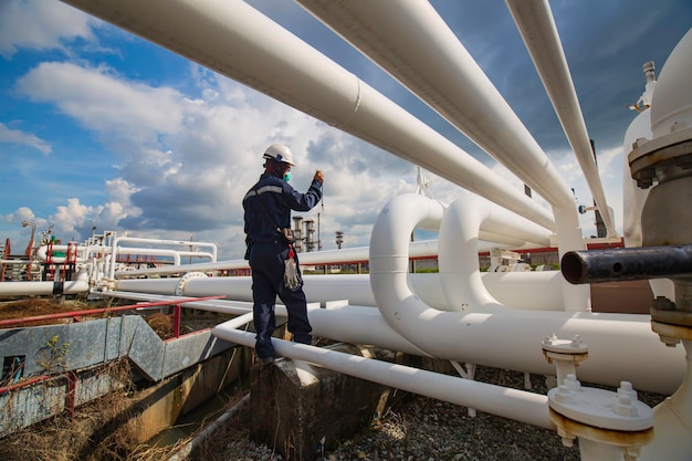 Inspection d'un travailleur masculin sur de longs tuyaux en acier et un coude de tuyau dans l'usine pétrolière de la station pendant la vanne de raffinerie de l'industrie pétrolière et gazière du pipeline de contrôle visuel.