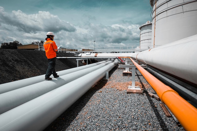 Inspection des travailleurs de sexe masculin dans les longs tuyaux en acier et le coude de tuyau dans l'usine de pétrole de la station pendant la vanne de raffinerie de l'huile du réservoir de pipeline d'enregistrement de contrôle visuel