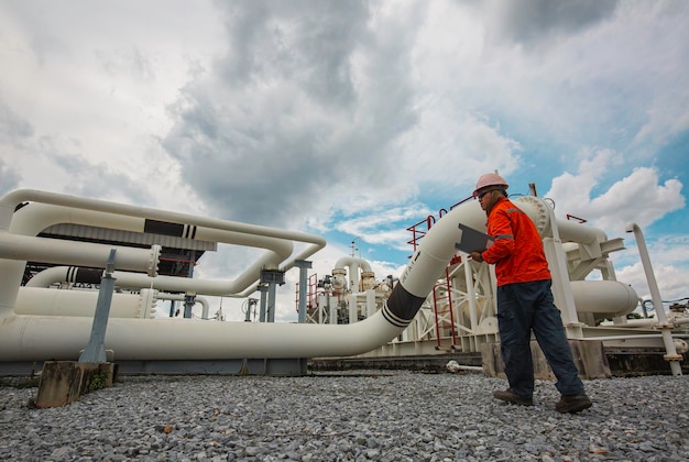 Inspection des travailleurs de sexe masculin dans les longs tuyaux en acier et le coude de tuyau dans l'usine pétrolière de la station pendant la vanne de raffinerie du pipeline d'enregistrement de contrôle visuel