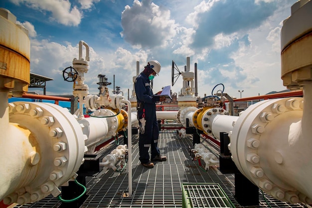 Inspection des travailleurs de sexe masculin dans les longs tuyaux en acier et le coude de tuyau dans l'usine pétrolière de la station pendant la vanne de raffinerie de l'enregistrement visuel du réservoir de pipeline de pétrole et de gaz