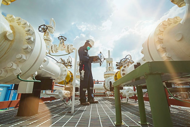 Inspection des travailleurs de sexe masculin dans les longs tuyaux en acier et le coude de tuyau dans l'usine pétrolière de la station pendant la vanne de raffinerie de l'enregistrement visuel de l'oléoduc et du gaz