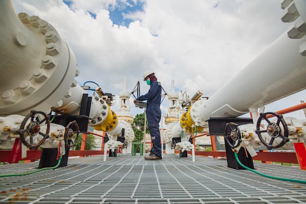 Inspection des travailleurs de sexe masculin dans les longs tuyaux en acier et le coude de tuyau dans l'usine pétrolière de la station pendant la vanne de raffinerie de l'enregistrement visuel de l'oléoduc et du gaz