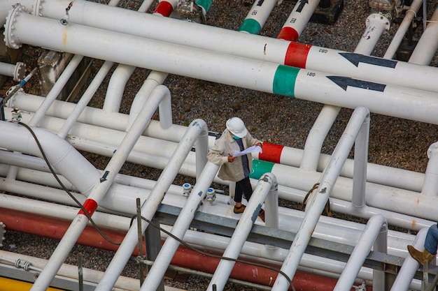 Inspection des travailleurs de sexe masculin dans les longs tuyaux en acier et le coude de tuyau dans l'usine pétrolière de la station pendant la vanne de raffinerie de l'enregistrement visuel de l'oléoduc et du gaz