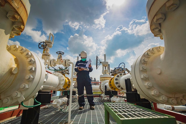 Inspection des travailleurs de sexe masculin dans les longs tuyaux en acier et le coude de tuyau dans l'usine pétrolière de la station pendant la vanne de raffinerie de l'huile de pipeline d'enregistrement de contrôle visuel