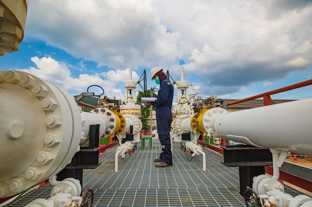 Inspection des travailleurs de sexe masculin dans les longs tuyaux en acier et le coude de tuyau dans l'usine pétrolière de la station pendant la vanne de raffinerie de l'huile de pipeline d'enregistrement de contrôle visuel