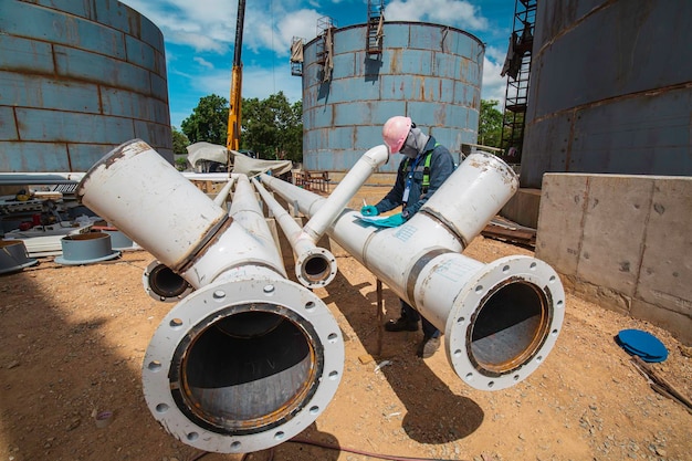 Inspection des travailleurs de sexe masculin à de longs tuyaux en acier et coude de tuyau nouvelle construction réservoir d'huile de contrôle visuel record pipeline pétrole et gaz