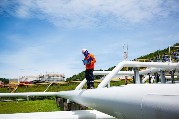 Inspection des travailleurs de sexe masculin à la vanne de l'enregistrement de contrôle visuel du pétrole et du gaz du pipeline