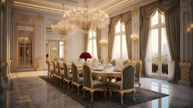 Inspiration de design d'intérieur de la beauté de la salle à manger de maison de style classique traditionnel décorée avec du marbre et du velours et un design d'intérieur de maison Chandelier Generative AI