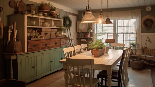 Inspiration de design d'intérieur de la beauté de la salle à manger de la maison de style Farmhouse Shabby Chic décorée avec des matériaux en bois et en osier et un design d'intérieur de maison AI génératif de charme rustique