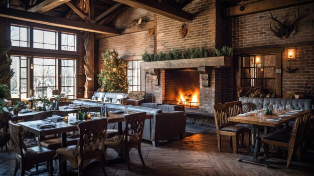 Inspiration de design d'intérieur de la beauté de la salle à manger de style industriel rustique décorée avec des matériaux en brique et en métal et un design d'intérieur de maison AI génératif de cheminée