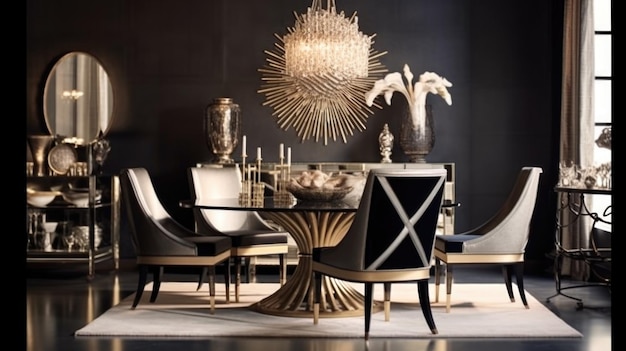 Inspiration de design d'intérieur de style Art Deco Glam maison salle à manger beauté décorée avec du verre et du velours et des accents miroirés Design d'intérieur d'intérieur génératif AI