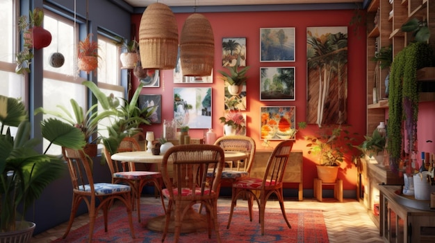 Inspiration de design d'intérieur de style bohémien global salle à manger à la maison beauté décorée avec du bois et des matériaux textiles et mur de galerie Design d'intérieur à la maison génératif AI