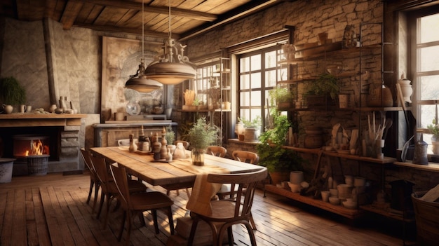 Inspiration de design d'intérieur de style industriel rustique salle à manger à la maison beauté décorée avec des matériaux en pierre et en bois et cheminée Design d'intérieur à la maison génératif AI
