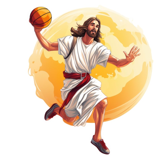 Inspiration Slam Dunk Jésus domine le terrain de basket-ball dans cet art vectoriel sur un fond blanc