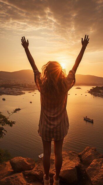 Inspiré d'un contenu puissant femme joyeuse levant ses bras vers l'aube