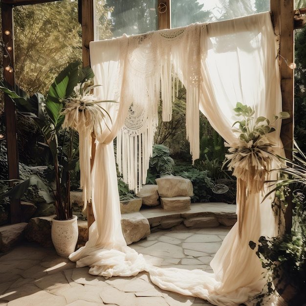 Inspirez-vous de cette vue de face d'une arche de mariage Boho décorée d'une superposition de gaze en étamine fine